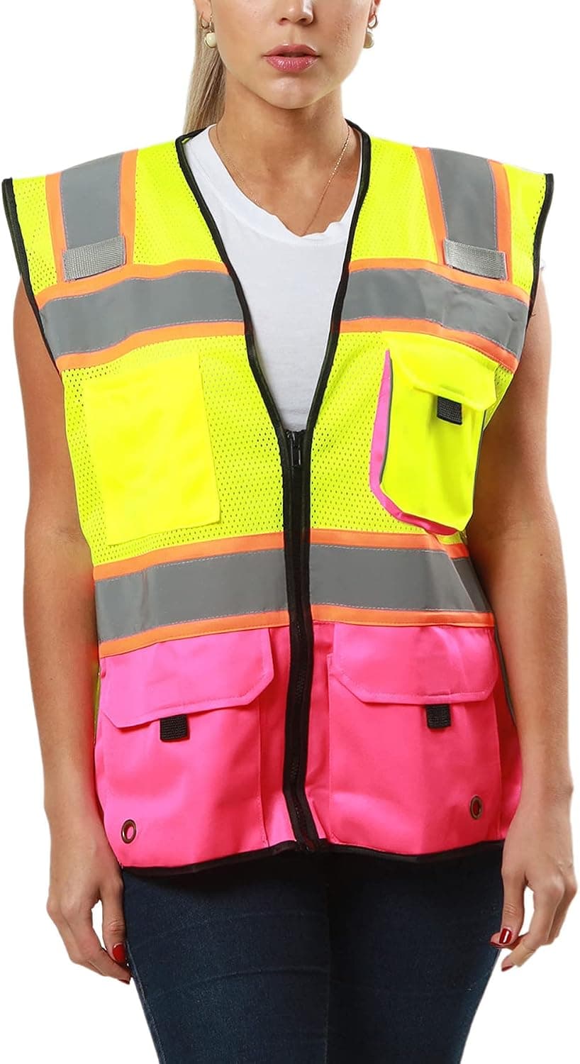 Kolossus High Visibility Safety Vest Front Pockets Silver Orange Reflective Tape for Men and Women Class 2