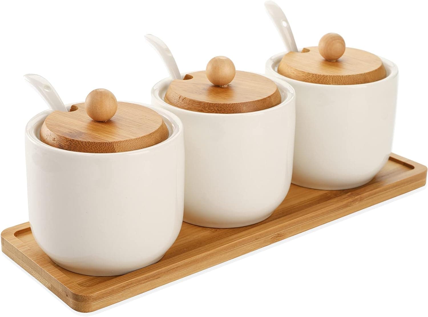 WUWEOT 3 Pack Porcelain Condiment Jar, 11OZ Spice Container with Bamboo Lids, Bamboo Tray, Serving Spoon, Sugar Bowl for Sugar, Serving, Tea, Coffee, Spice, Salt