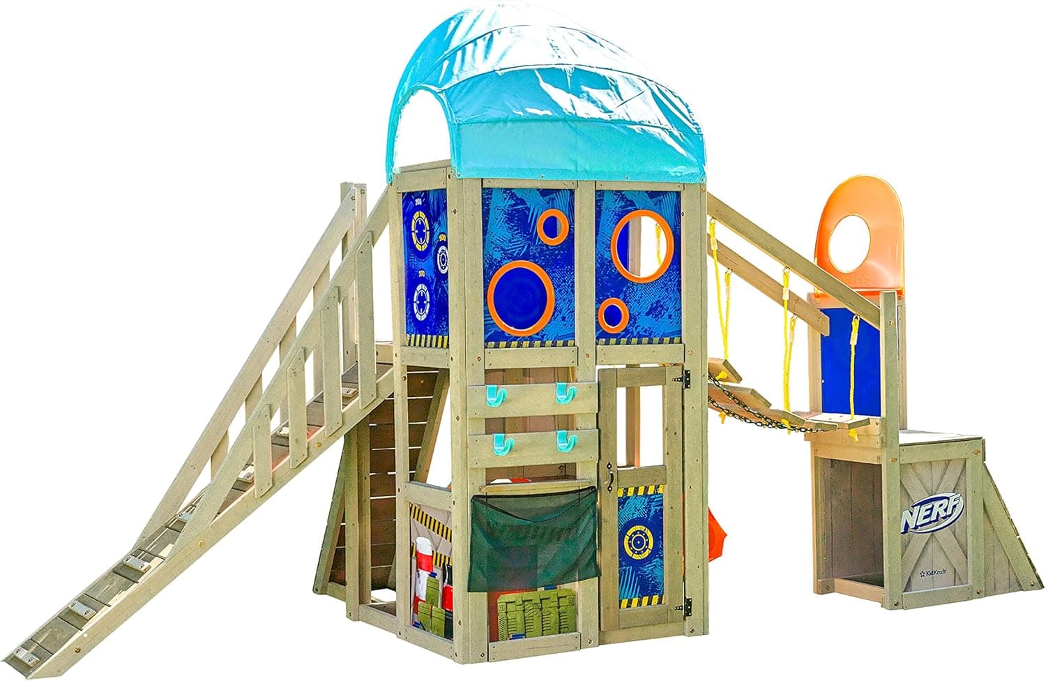 KidKraft Nerf Command Base Battle Fort Wooden Outdoor Two-Story Playset with Rock Walls, Targets and Storage