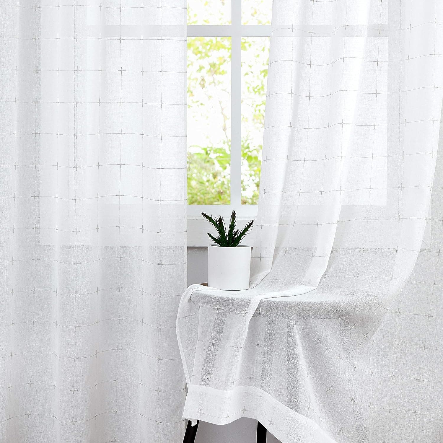 Central Park White Sheer Curtain Gray GEO Cross Embroidery Panels Linen Texture Rod Pocket Window Treatment Drape Sets for Living and Bedroom Farmhouse 95 inches Long, 2 Panels, White