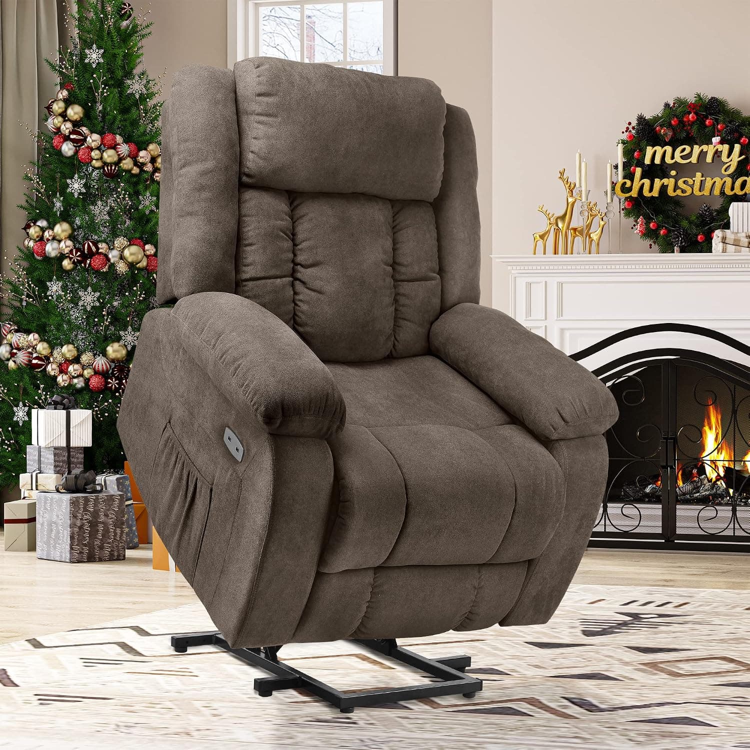 YITAHOME Power Lift Recliner Chair for Elderly, Lift Chair with Heat and Massage, Ergonomic Fabric Recliner Chair Sofa with 2 Side Pockets & Remote Control for Living Room (Coffee)