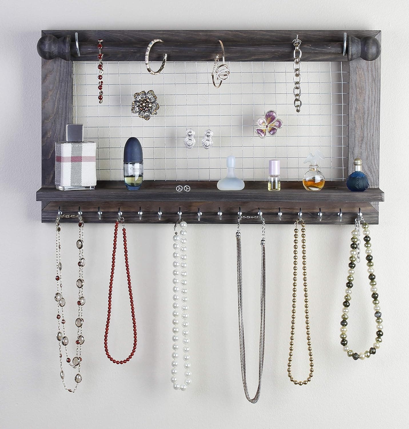 Hanging Jewelry Organizer | Wall Mounted Wooden Holder for Necklace, Earrings, Bracelets, Rings & Other Accessories | With Hooks, Shelf, Wire Grid & Removable Bar | 17.5" x 10" Size | Rustic Brown