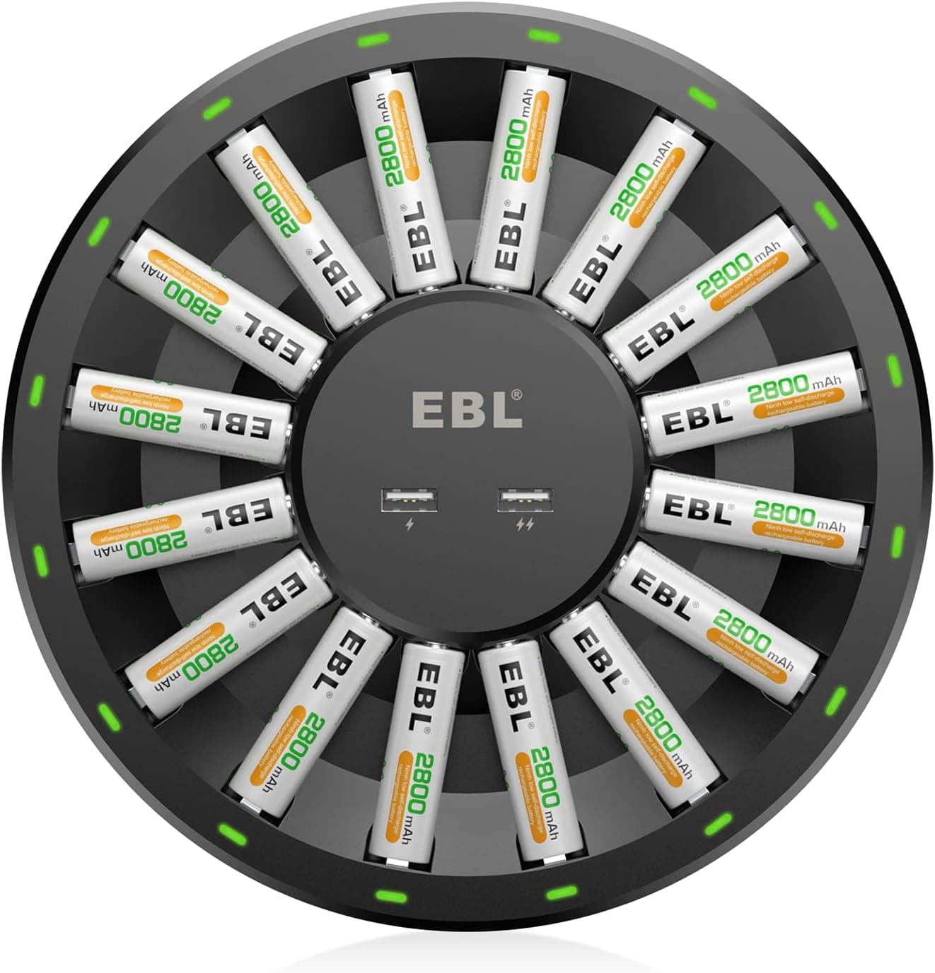 EBL 16 Bay AA AAA Battery Charger with 2 USB Charging Port for 1/2/./15/16 AA AAA Rechargeable Batteries(Batteries NOT Included)
