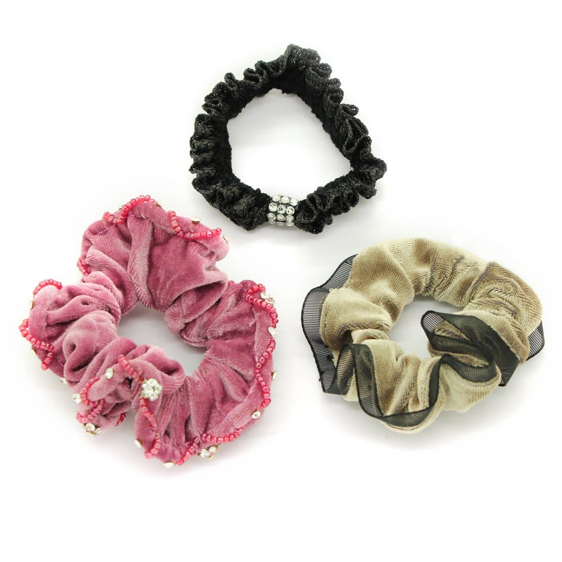 3 PACK: Glittering Rhinestones Hair Accessories / Elastic Hair Scrunchies & Ornaments - Black, Dark Pink & Brown