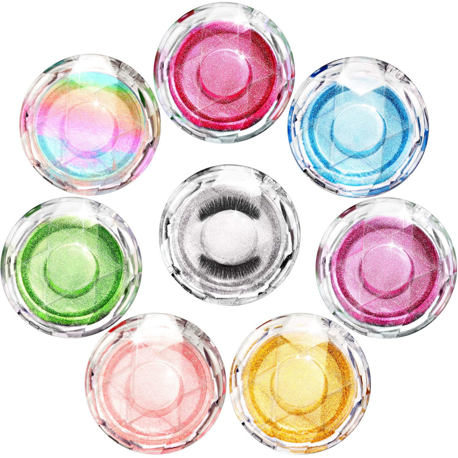 8 Pieces Crystal Round Lash Box Empty Clear False Eyelashes Storage Case Plastic Eyelash Packaging Box with Glitter Color Card for Women Girls (Multi-Colored)