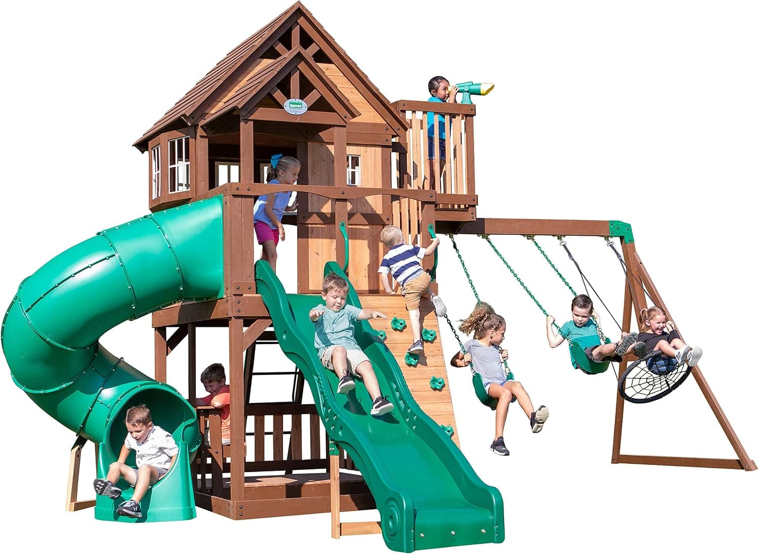 Backyard Discovery Skyfort All Cedar Swing Set, Elevated Covered Wood Roof Clubhouse with Bay Windows, 2 Belt Swings, Web Swing, 10ft Wave Slide, 5 ft Tube Slide, Covered Picnic Table, 5 ft Rock Wall
