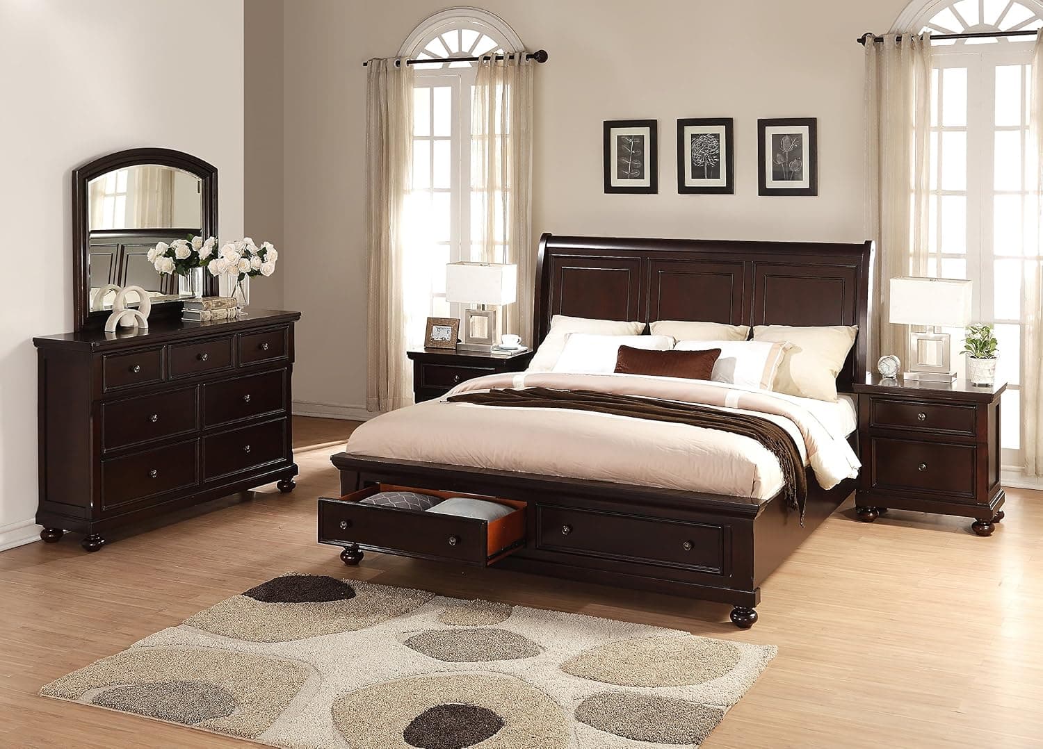 Roundhill Furniture Brishland Storage Bed Room Set, King, Rustic Cherry