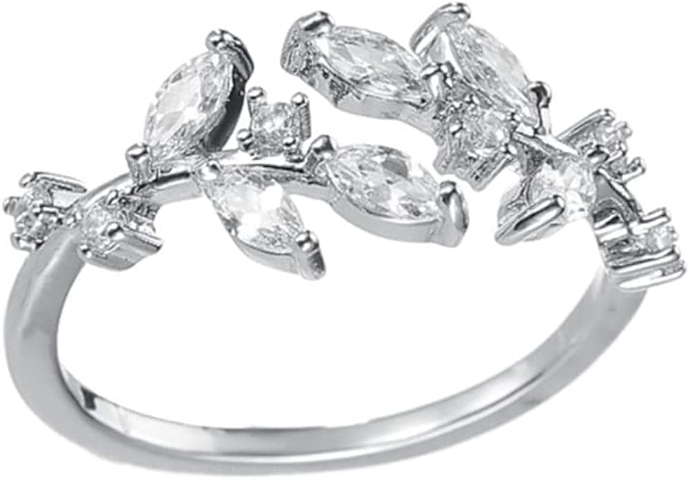 Sterling Silver Plated & 18K Gold plated Cubic Zirconia tree branch leaves joint Band Ring,adjustable (White)