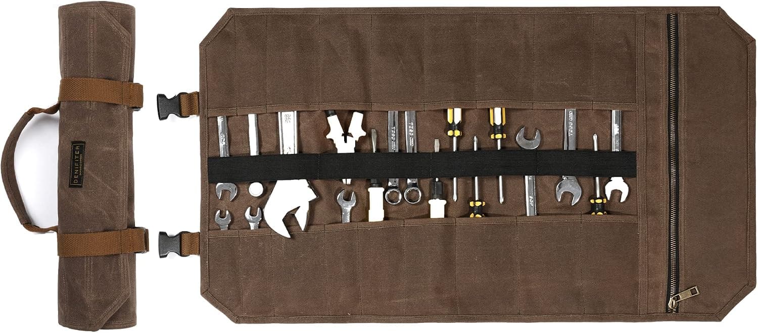 Tool Bag, Heavy Duty 16oz Waxed Canvas Tool Roll Up Pouch Tool Organizer, (L) 25" X (H) 14.5" Gray