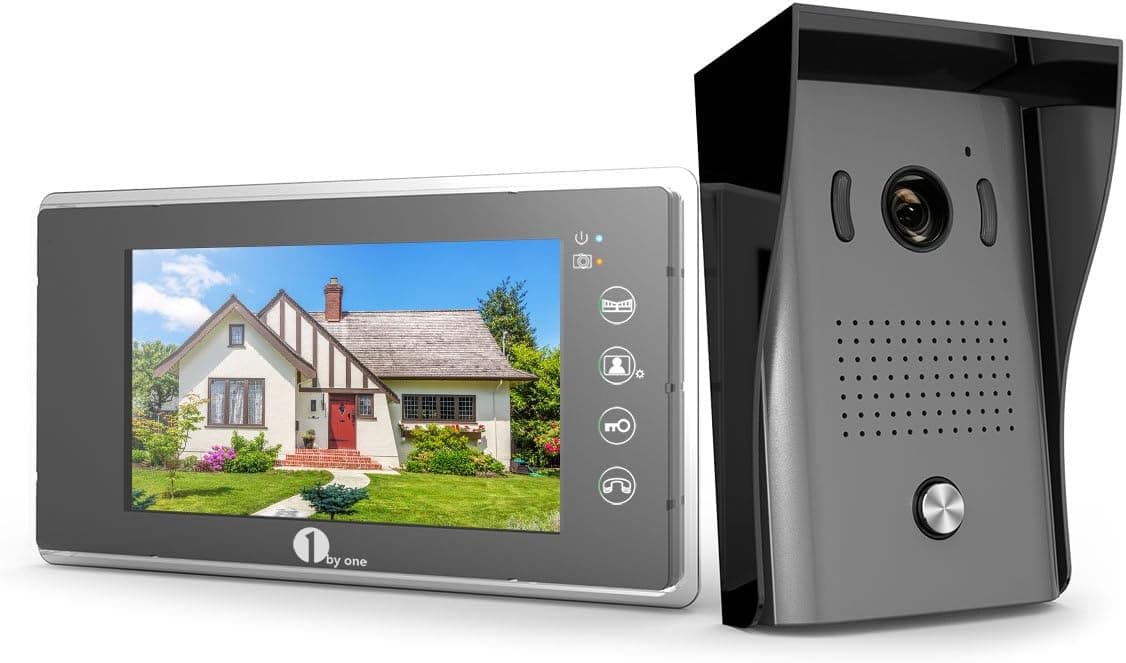 1byone Video Door Phone Intercom System Doorbell Kit, 2-Wire for Easy Installation with 49ft Cable, Control 2 Locks, Night Vision HD Camera and 7-inch Color Monitors