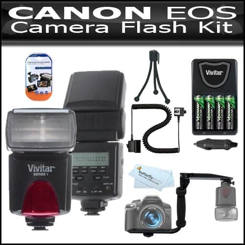 Flash Kit For Canon EOS Rebel T2i T3i, 600D, T3, Digital SLR Camera Includes Vivitar DF-293 TTL LCD Bounce Zoom Swivel DSLR AF Flash w/LCD Display Includes Reflecting Plate And Wide Angle Flash Diffuser and E-TTL / E-TTL II Off-Camera Flash Sync Cord + Bu