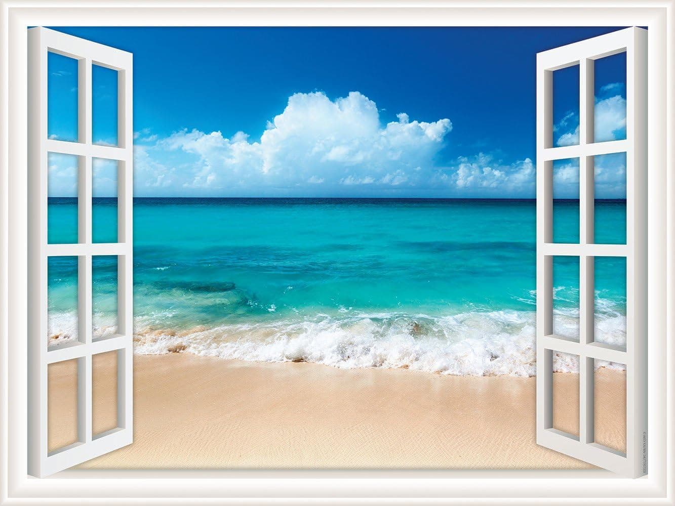 Walls 360 Peel & Stick Wall Decal Window Views Ocean Beach with Fluffy Clouds in Sky (36 in x 27 in)