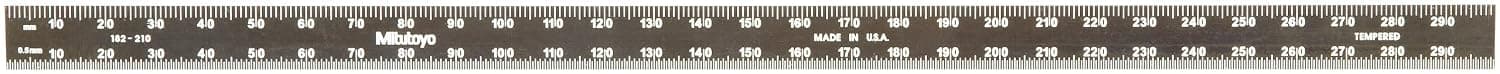 Mitutoyo 182-210, Steel Rule, 300mm ( 1mm, 0.5mm, 1mm, 0.5mm), 1/64" Thick X 12mm Wide, Black Chrome Finish Tempered Stainless Steel