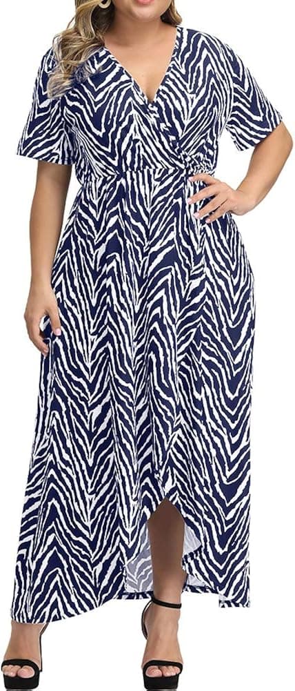 ALLEGRACE Women Plus Size Maxi Dresses Snakeskin Wrap V Neck Summer Casual Flowy Long Dress