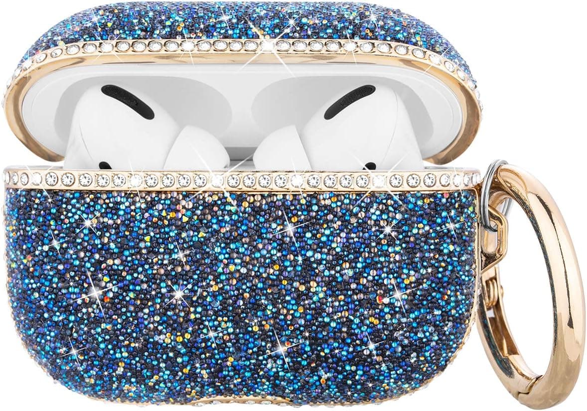Goton Compatible Luxury Shiny AirPods 3 Pro Case Cover with Keychain, Women Lady Glitter Bling Crystals Stylish Design Rhinestone Protective Carrying Case for Apple AirPods Pro 2019 (Blue)