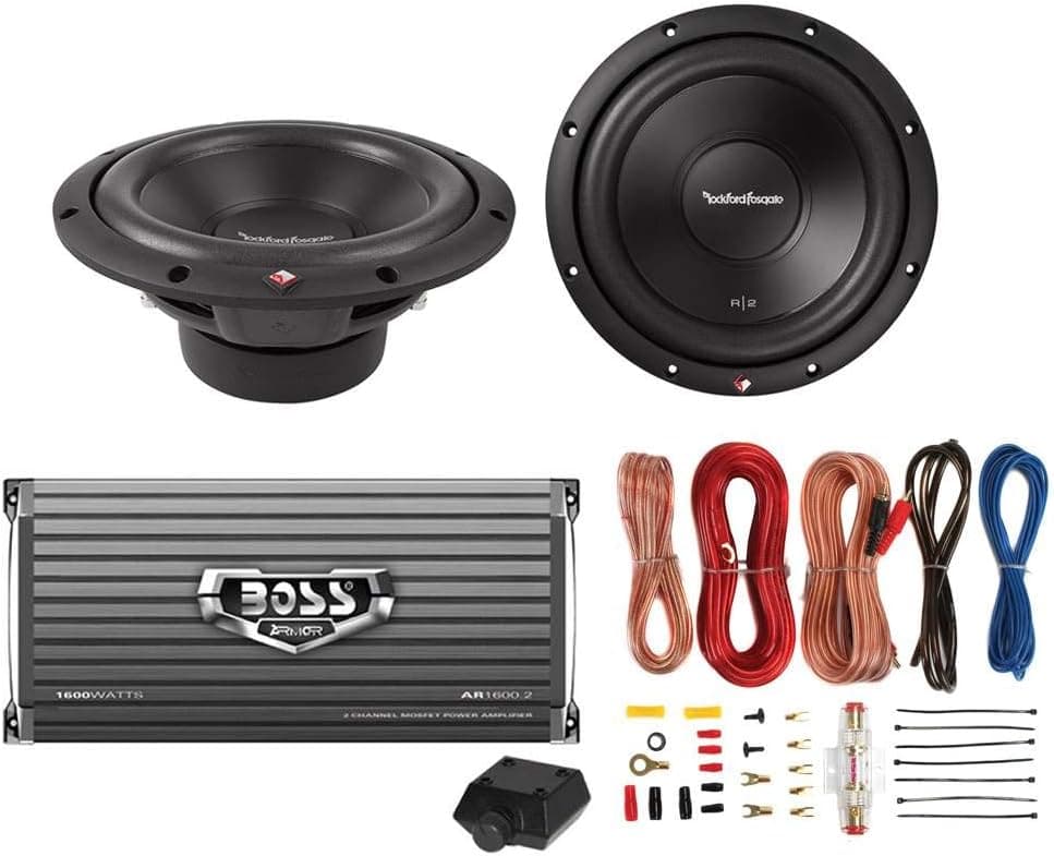 Rockford Fosgate R2D4-10 10 inch 1000 Watt Subwoofers (2 Pack) and Boss AR16002 2 Channel Car Amplifier with 8 Gauge Amplifier Wiring Installation Kit
