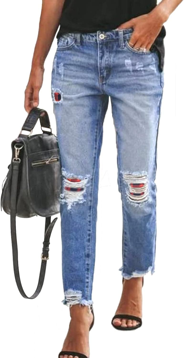 Happy Sailed Womens Boyfriend Jeans Stretchy Slim Ripped Distressed Denim Pants,Medium Blue