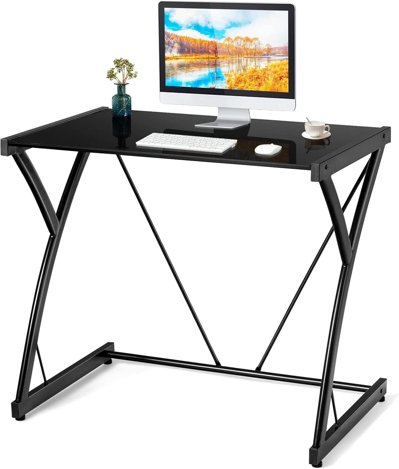 COSTWAY Glass Top Computer Desk, Modern Stylish Writing Desk with Tempered Glass & Z-Shaped Steel Frame, Multipurpose Computer Workstation for Working, Gaming, Making-up, Home Office Desk, Black