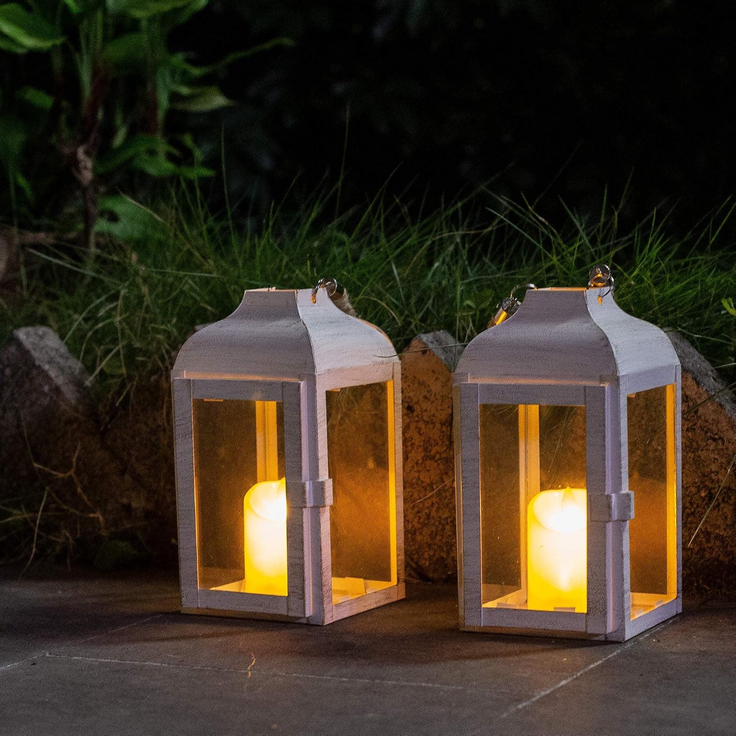 Decorative Lantern 2 Pack, Cream Hanging Candle-Holders, 7.87-inch High Vintage Style Home Decorative Candle Lantern, Indoor &Outdoor Wedding & Party & Metal Decorative Lantern (Cream)