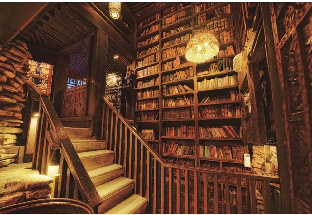 Leowefowa Old Library Interior Staircase Backdrop 9x6ft Yellow Droplight Retro Bookshelves Filled with Books Background for Photography Children Adult Photo Shoot Studio Photo Props