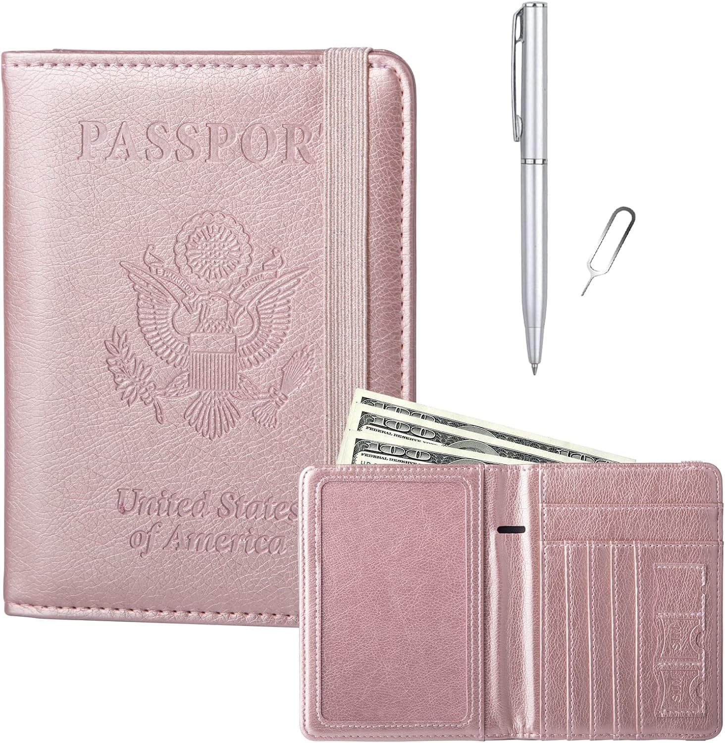 GOAUS Passport Holder with Money Pocket and Card Slots, Men Women Passport Wallet, RFID Blocking Passport Cover, Passport Book Case Rose Gold