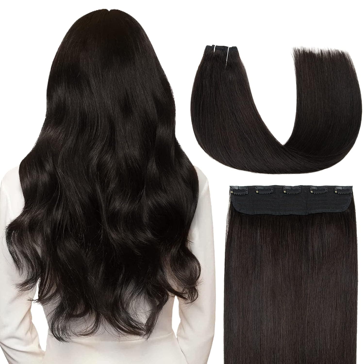 Isheeny Clip in Hair Extensions Real Human Hair 15" 1pcs Per Set with 5 Clips Clip in Hair Extensions Clip in Human Hair Natural Black Color 80 g for Women with Thinning Hair and Increase Hair Volume