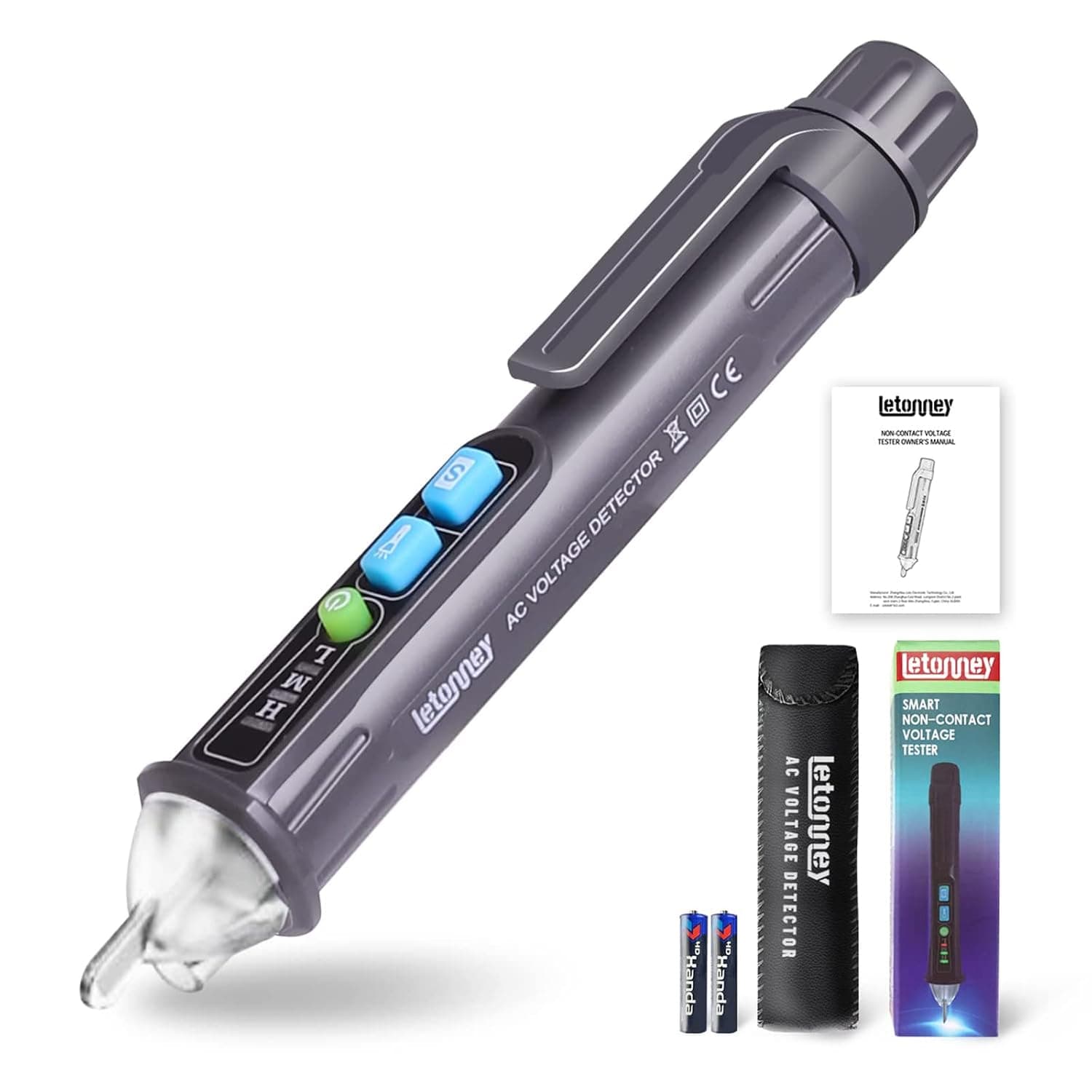 LETONNEY Non-Contact Voltage Tester Outlet Tester with LED Flashlight & Buzzer Alarm, Electrical Tester Pen with Dual Range AC 12V/48V-1000V Live/Null Wire Tester (Gray)