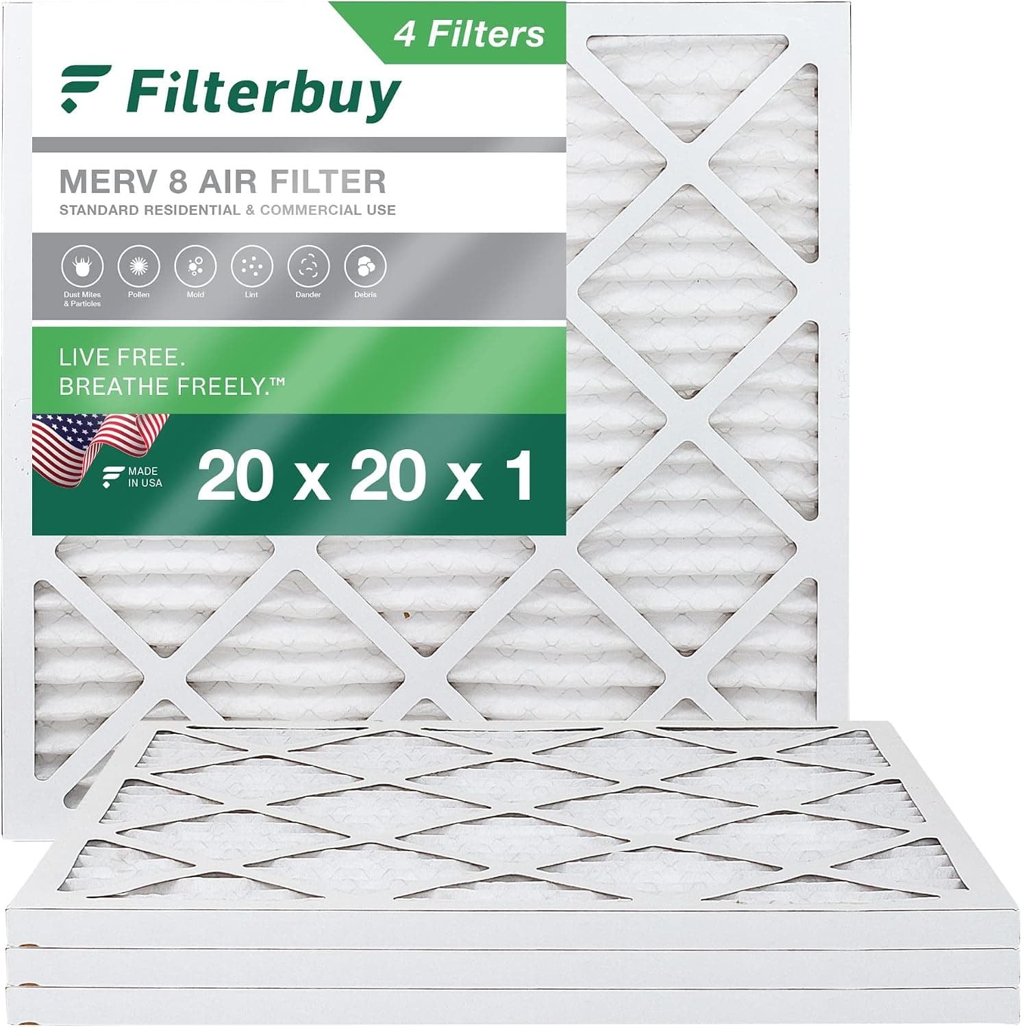 Filterbuy 20x20x1 Air Filter MERV 8 Dust Defense (4-Pack), Pleated HVAC AC Furnace Air Filters Replacement (Actual Size: 19.50 x 19.50 x 0.75 Inches)