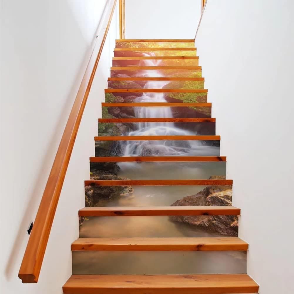 Tifege Stair Sticker Decals Waterfall 13 Piece 3D DIY Staircase Wallpaper Wall Mural Home Decor Decoration Removable 39.3x7 FS046