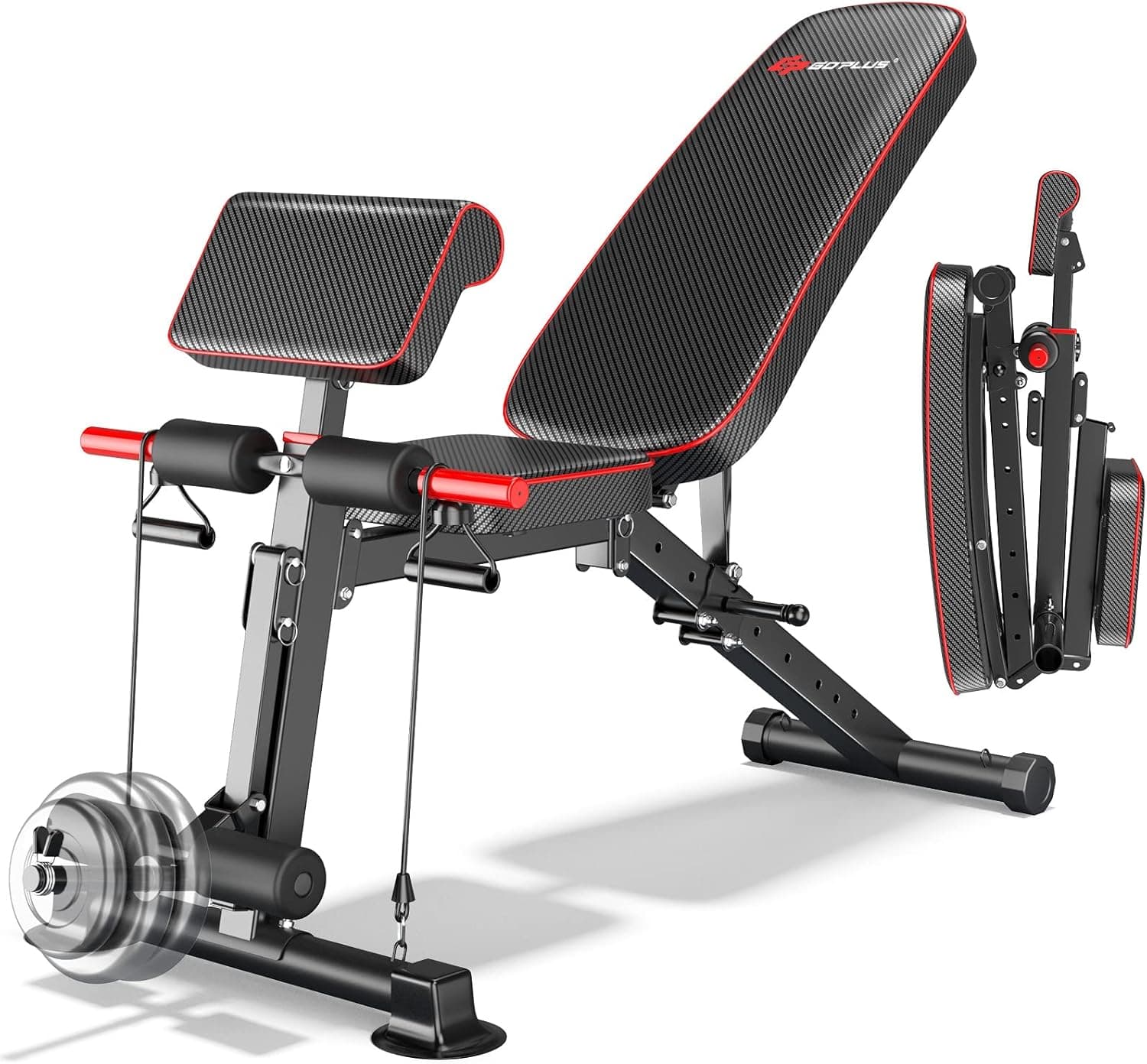 Goplus Adjustable Workout Bench, Folding Weight Bench with Leg Extension and Preacher Curl, Resistance Bands, Dumbbell Holder, Incline Flat Decline Work Out Bench Sets for Home Gym Strength Training