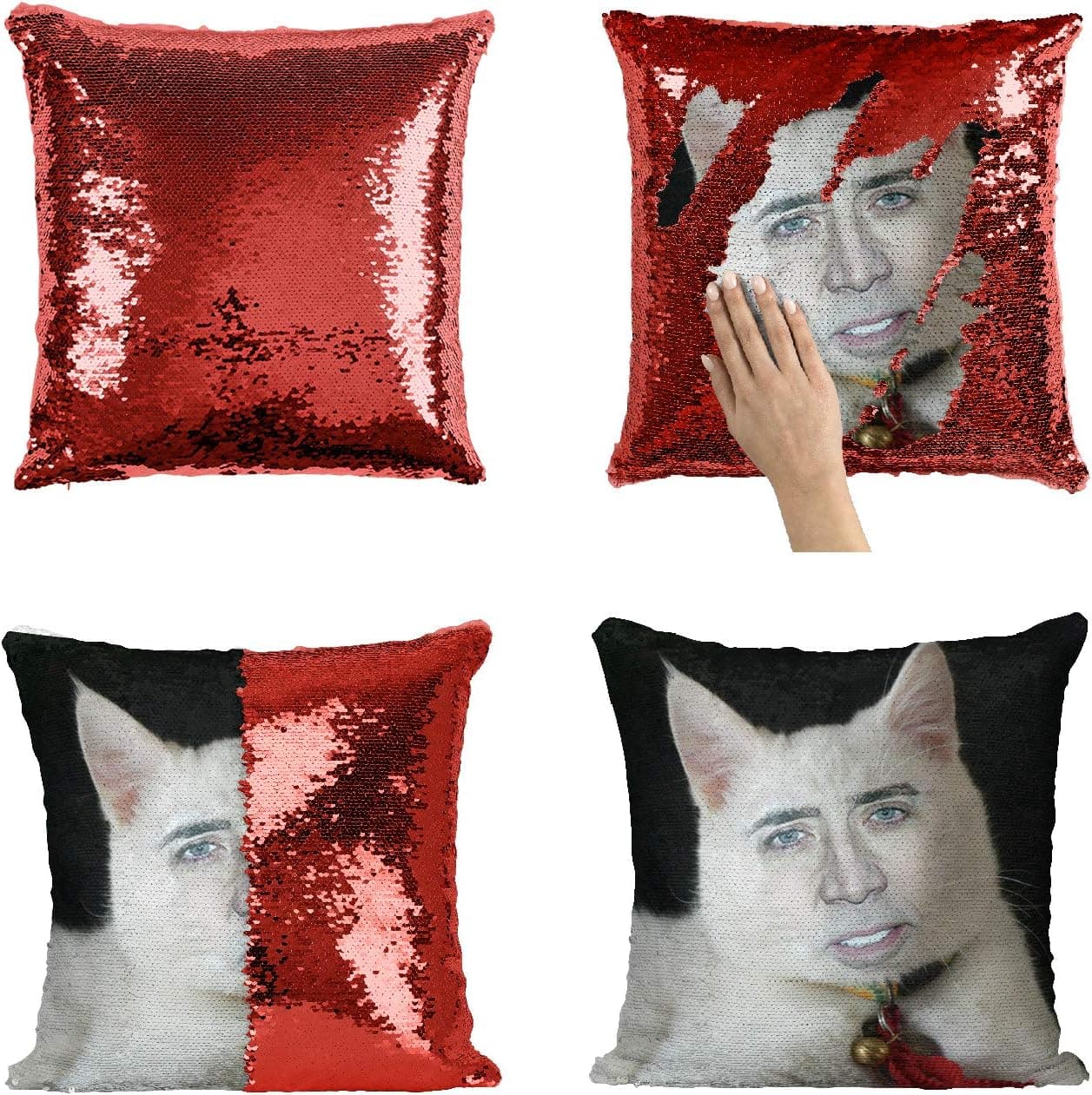 Nicolas Cage White Cute Cat Pillow, Sequin Mermaid Pillow, Reversible Pillow, Funny Pillow, Pillowcase, Xmas, Birthday, Gift, Present (Pillow Cover + Insert)
