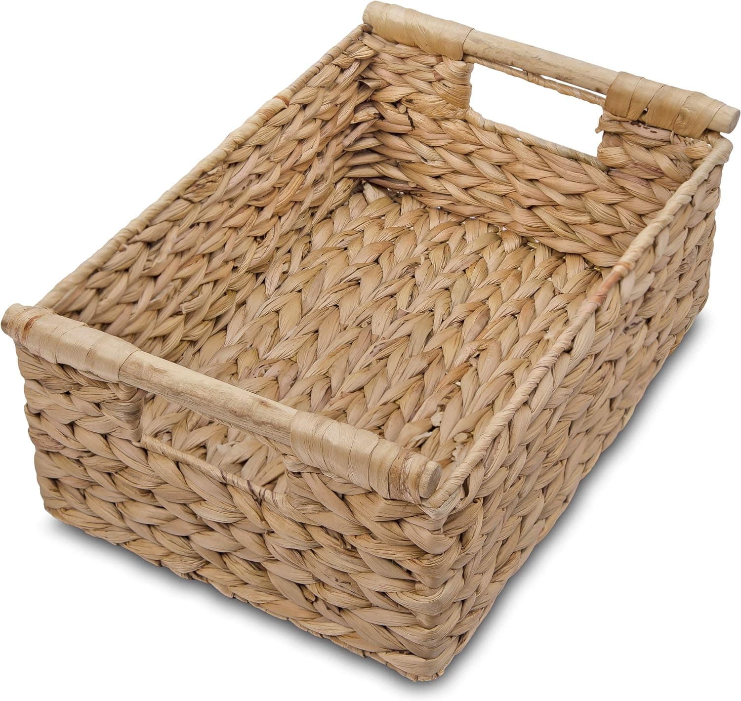 Natural Water hyacinth storage basket with Handle, Rectangular Wicker Basket for Organizing, Decorative Wicker Storage Basket for Living Room, Medium Wicker Basket 13.6 x 9.5 x 5.6 inches