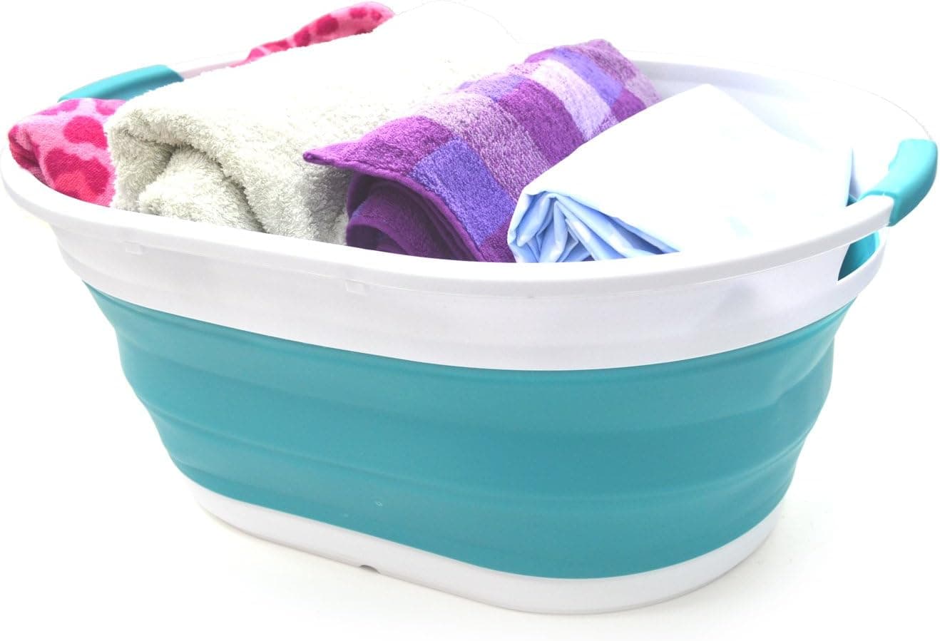 SAMMART 39L Collapsible Plastic Laundry Basket-Oval Tub/Basket-Foldable Storage Container-Space Saving Laundry Hamper, Water Capacity :30L (Bright Blue), Size : 24 x 17.7 x 10.75 inches