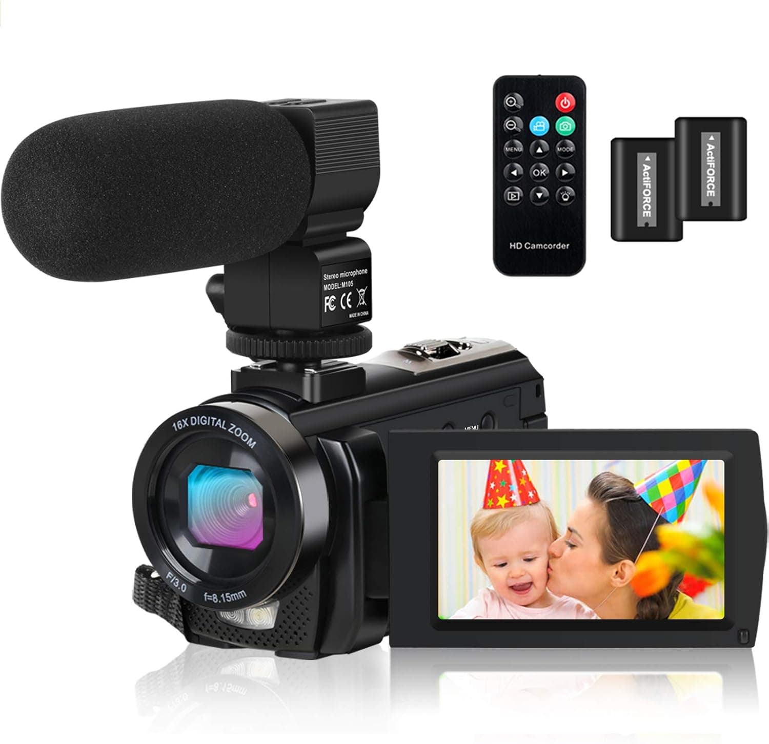 ACTITOP Video Camera Camcorder Digital YouTube Vlogging Camera Recorder FHD 1080P 24.0MP 3.0 Inch 270 Degree Rotation Screen 16X Digital Zoom with Microphone, Remote Controller 2 Batteries