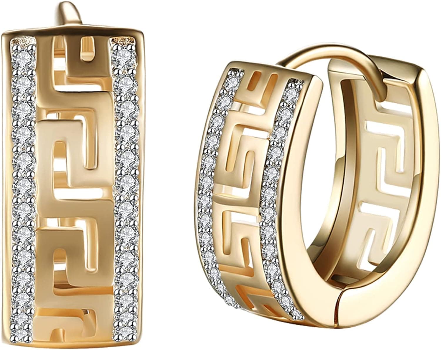 WSKFLY 14K Gold Plated Cubic Zirconia Hoop Earrings,Three Row Diamon | Arrows | Double Row of Diamonds Huggie Earrings for Women