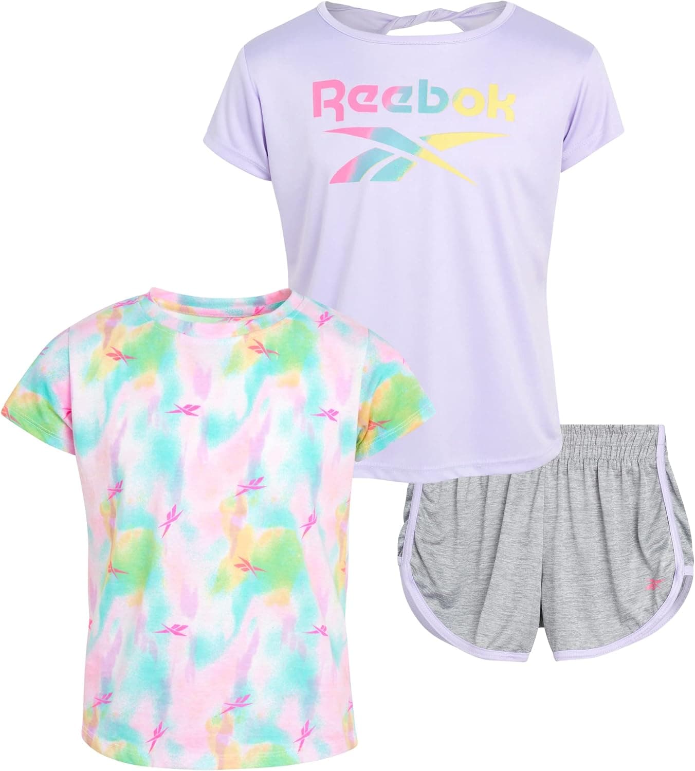 Reebok Girls' Shorts Set - 3 Piece Performance T-Shirt and Dolphin Running Gym Shorts (4-12)