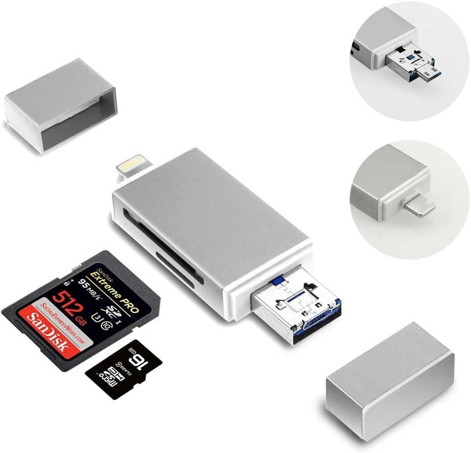 SD Card Reader Adapter, 3 in 1 with Lightning/Micro USB/USB Support iOS ;Computer Memory Card Reader for iPhone/iPad/Mac/PC/OTG Android/Digital Cameras (Silver)