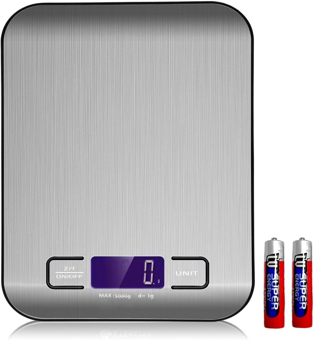 Vilapur Digital Kitchen Scale (FT-02-003),Multifunction Food Scale, 11 lb 5 kg, Silver, Stainless Steel (Batteries Included)