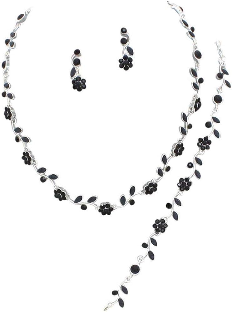 Affordable Wedding Jewelry Black Crystal 3 PCS Set Silver Necklace Bracelet Earring Bridal Formal