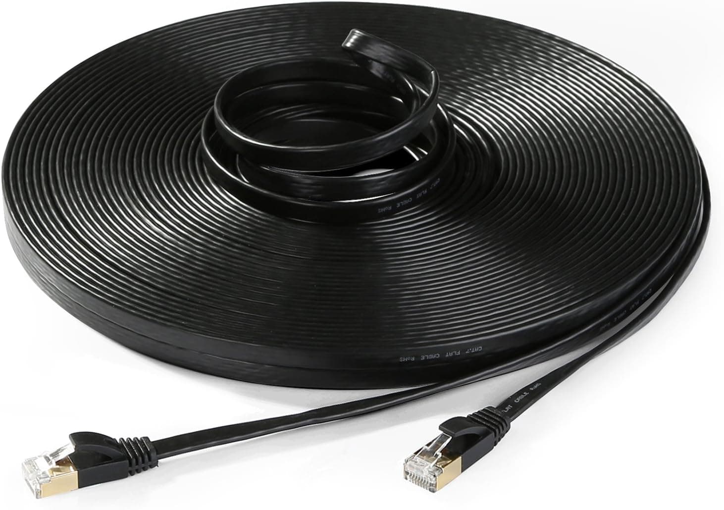 Hexagon Network - Ethernet Cable Cat7 Flat 100ft Black, Shielded (STP) Network Cable Cat 7 Flat Slim Ethernet Patch Cable, Internet Cable with Snagless RJ45 Connectors - 100 Feet Black