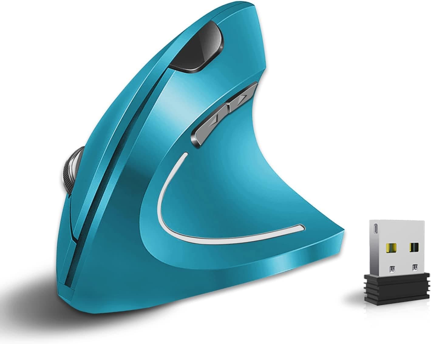 Vassink Ergonomic Wireless Mouse, Rechargeable Mouse 2.4Hz Vertical Wireless Optical Mice with USB Receiver, 6 Buttons, 800/1200/1600 DPI Blue