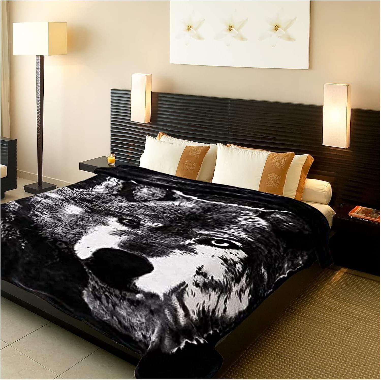 Hiyoko Wolf Throw Animal Blanket Queen Faux Fur Blanket 75" W x 90" H Ultra Plush Korean Comfy, Safari Mink, Warm