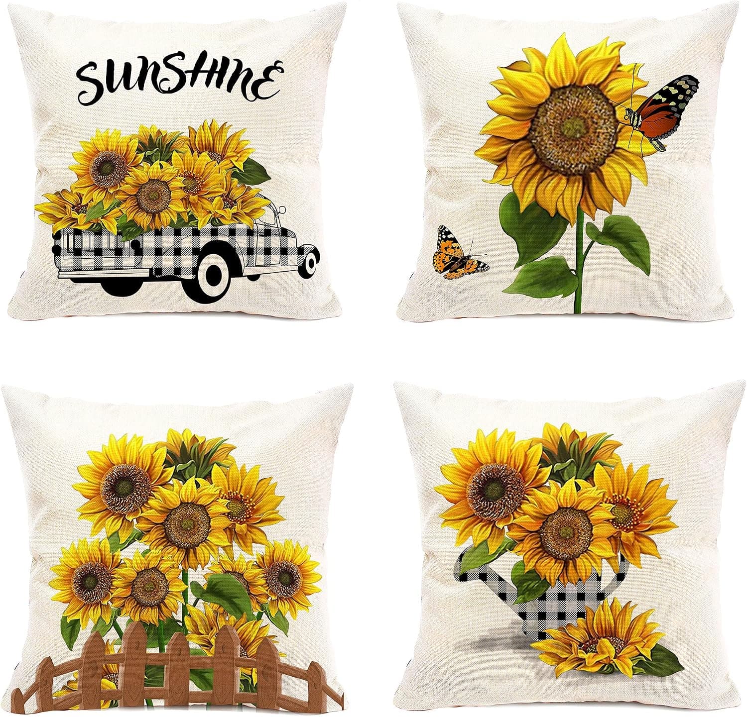pinata Sunflower Pillow Covers 18x18, Farmhouse Buffalo Plaid Truck Throw Pillow Cover Decorative Set of 4, Linen Square Yellow Throw Pillow Case for Couch Bed Sofa Car Indoor Outdoor Home Decor Gift