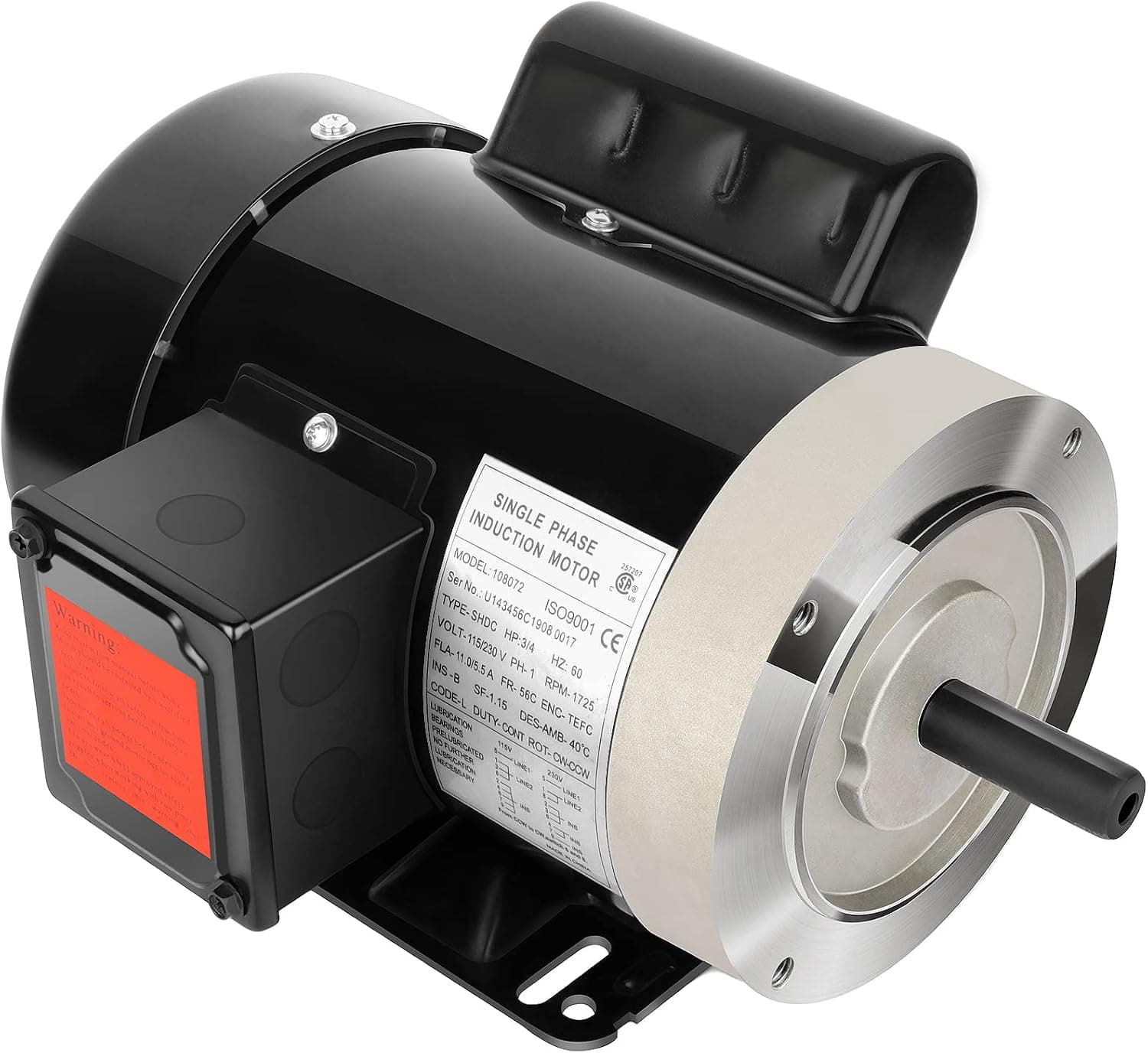 3/4HP Electric Motor 1725RPM General Purpose Single Phase Motor 115V/230V 56C Frame 5/8"Shaft Diameter Rolled Steel Shell 60HZ TEFC