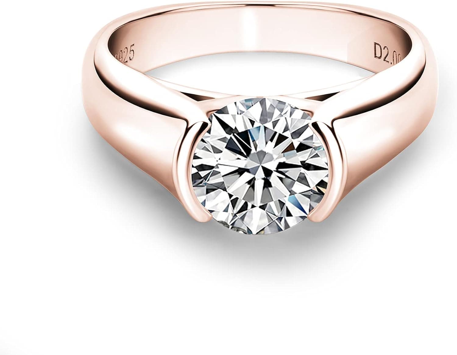 CivetCat 2 Carat Moissanite Half Bezel Set Ring for Women Platinum Plated Silver D-E-F color VVS 8mm Moissanite Diamond Solitaire Engagement Promise Band