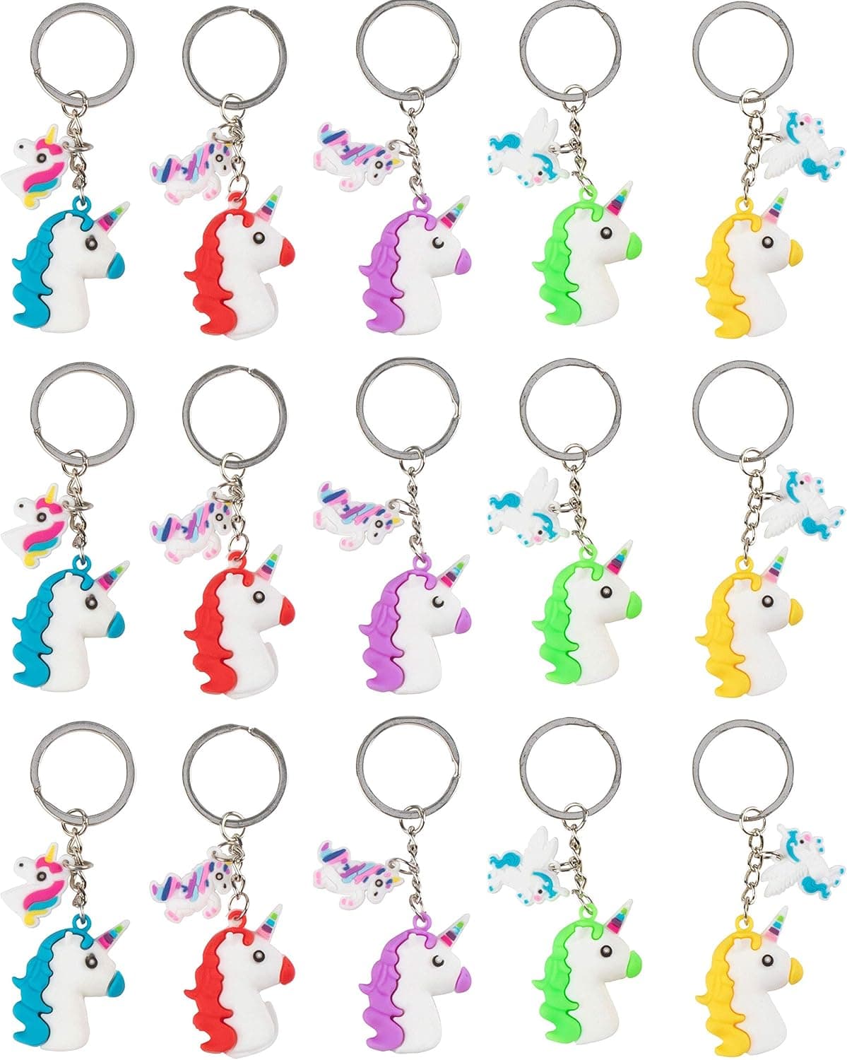 Rainbow Unicorn Head Key Chains - 15-Pack Silicone Rubber Keychains for Girls, Assorted Unicorn-Themed Party Supplies Favors, Ideal for Fantasy Parties, Magical Birthdays, Game Prizes