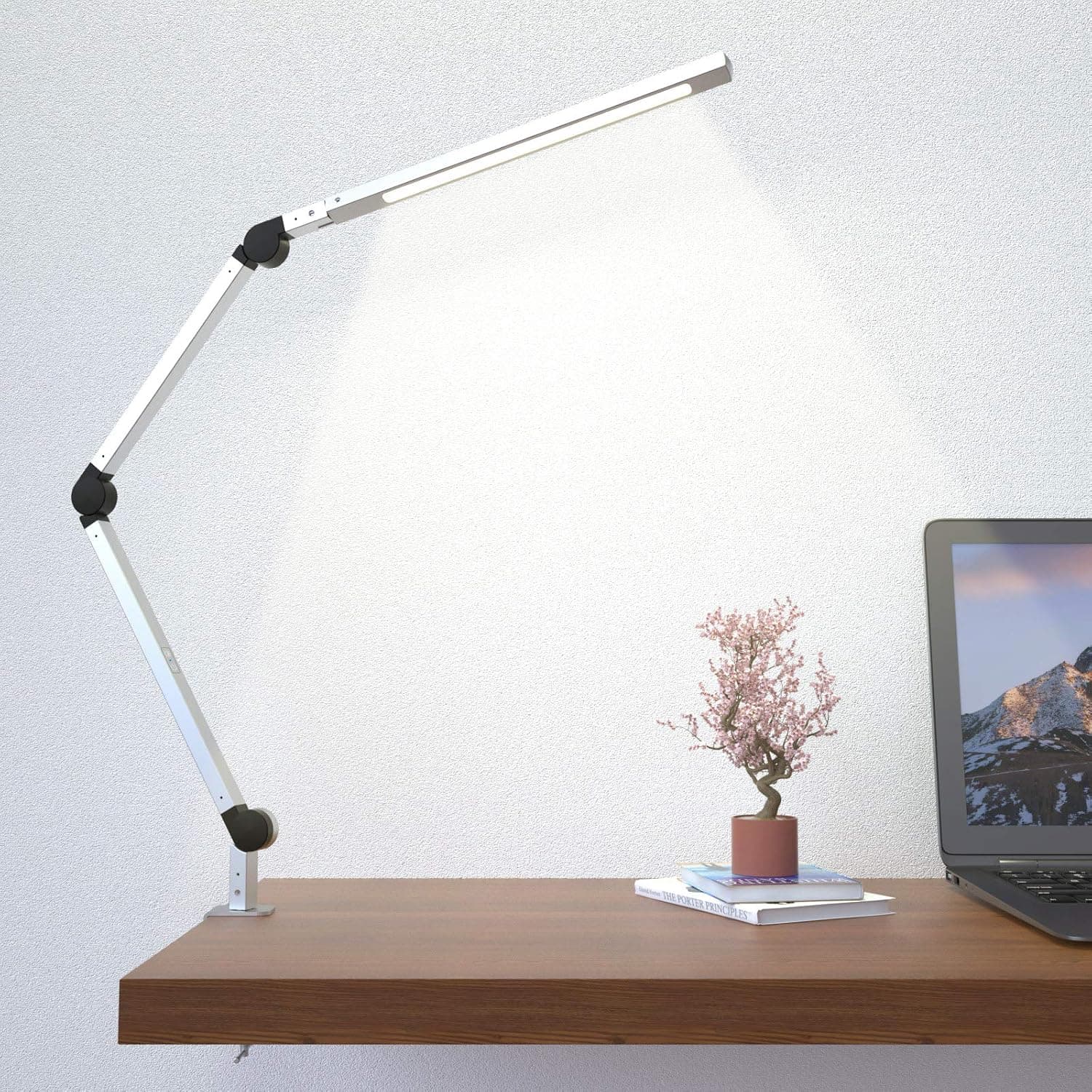 Wellwerks Swing Arm Lamp, LED Desk Lamp with Clamp, 9W Eye-Care Dimmable Light, Timer, Memory, 6 Color Modes, Modern Architect Table Lamp for Task Study (Silver)
