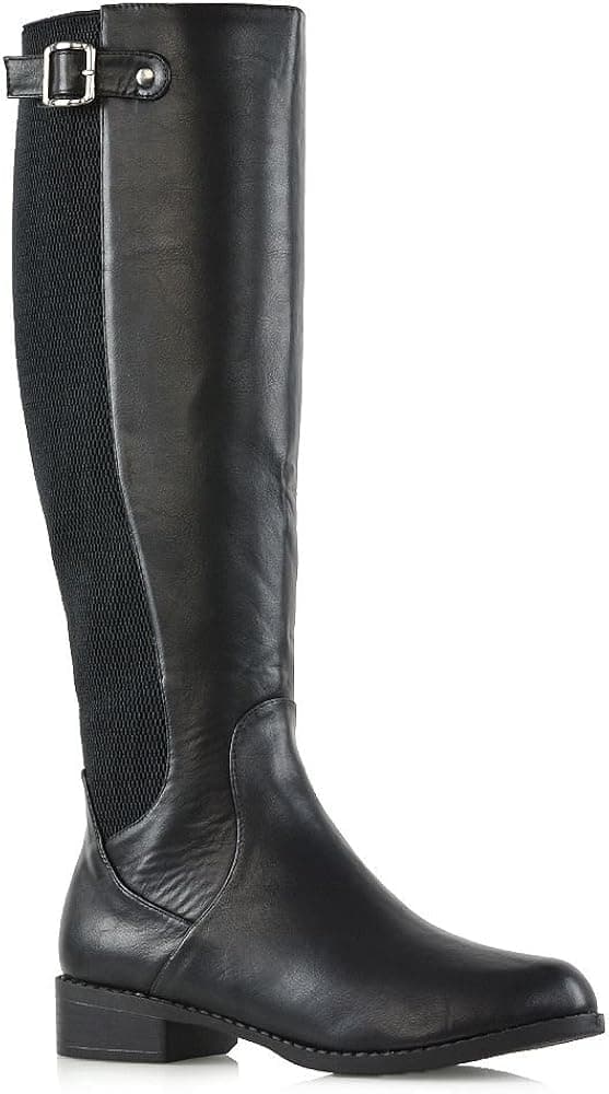 ESSEX GLAM Womens Knee High Boots Stretch Calf Leg Elasticated Flat Low Heel Winter Riding Biker Shoes