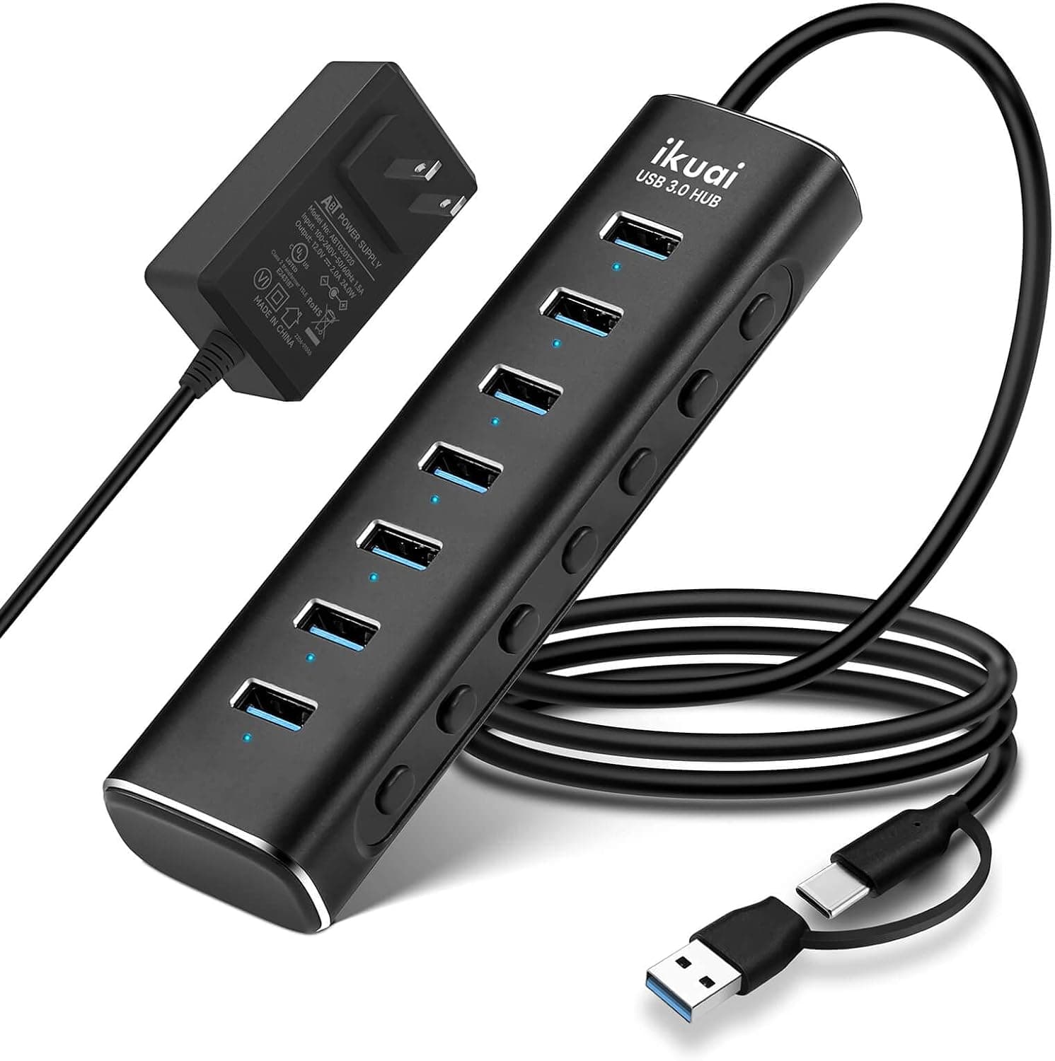 Powered USB 3.0 Hub, ikuai 7-Port 3.0 Data Aluminum USB Hub Splitter with 24W AC Adapter and 3.3ft Extended Long Cable for PC, Laptop, PS4, HDD, Flash Drive