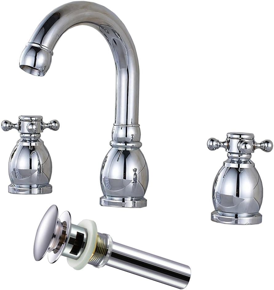 Zovajonia Deck Mounted 3 Holes Bathroom Basin Vessel Sink Faucet Two Handles Widespread Chrome Mixer Tap with Pop Up Drain